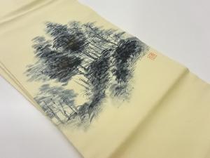 作家物　塩瀬手描き芝に木々模様名古屋帯